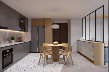 Lüks modern ve klasik turkuaz iç mimari. Ahşap boğazlı mermer mutfak adası.