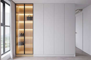 Modern cam kapılar Almira 'yı kişisel eşyalarla ve modern yatak odasında tamamen gri Almira ile kaplıyor..