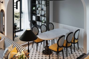 Modern ve klasik bir iç mekan. Bir apartmanda modern bir yemek..