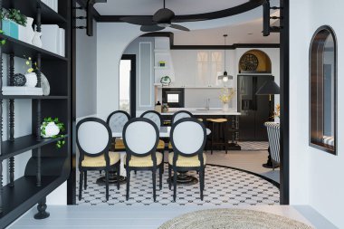 Geleneksel bir yemek odasının modelinde masalı klasik tasarımcı koltukları vardır..