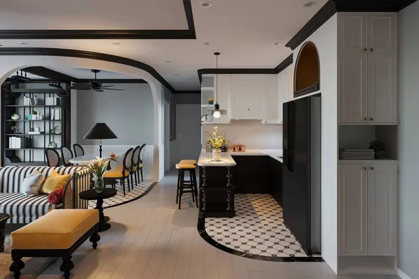 Klasik mobilyaları olan lüks bir apartmanda klasik ve modern bir iç mekan..