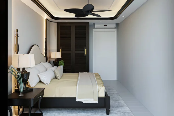 The traditional bedroom features a classic king-size bed against white and gray wall paint.