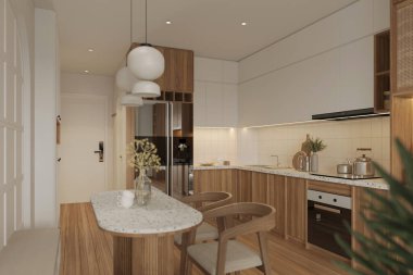 Ahşap çerçeveli bir buzdolabının yer aldığı bir Modern Mutfak.