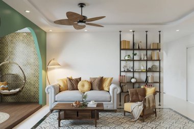 Pop Renkleri Fonksiyonel Mobilya 'yı seçin, beyaz tavanlı ve ışıklı. İskandinav Yaşam Alanı İçi