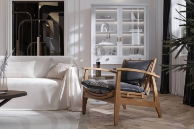 Beyaz arka plan modern tasarımı ve beyaz ve ahşap mobilyaları olan lüks bir daire..