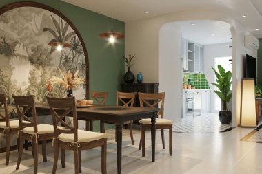 Minimalist yemek odası iç tasarımı, sandalyeli fonksiyonel yemek masası, duvarda boho boyası..