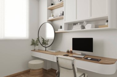 Temiz ve düzenli yatak odasında dolabı olan bir masaüstü var..