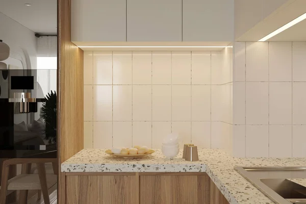 a minimalist kitchen with clean lines, stainless steel appliances, and a touch of natural wood.