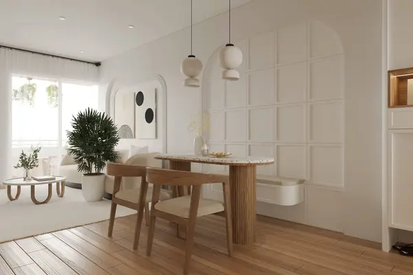 White furniture with utensils and dinner table with chairs in Scandinavian style