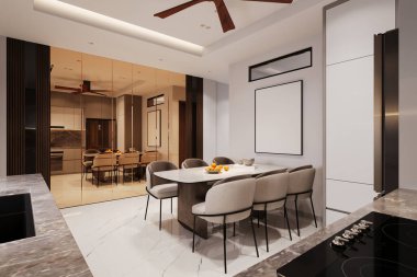 Modern mutfağın yanında güzel bir yemek masası olan 3D tasarım, geniş yemek odası tasarımı.