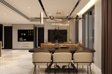 İyi dekore edilmiş modern bir evde yemek masası.