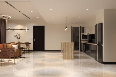 İçinde yaşam, yemek ve açık mutfak olan bir aile evi..