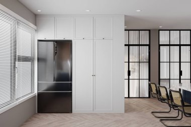 Klasik en az beyaz dolap. Yemek masasının yanında buzdolabı olan bir kutu..