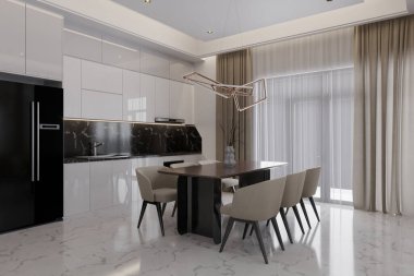 Lüks İç Tasarım Ayrıntılı Mermer Döşeme ve Zarif Deri Sandalye Masası.