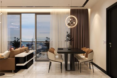 Lüks ve güzel yemek odası iç tasarımı. 3d oluşturma