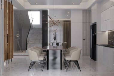 Yemek masası ve sandalyeli modern yemek masası. 3B illüstrasyon