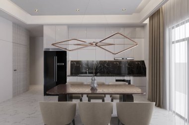 Modern beyaz ve bej büyük lüks mutfak ve yemek masası bir dairede.