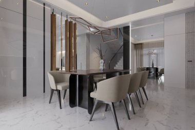 Modern beyaz ve bej renkli büyük lüks yemek alanı ve bir dairede yemek masası.