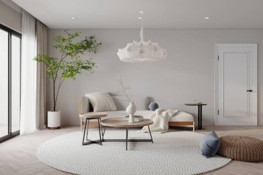 Minimalist tasarımı olan İskandinav oturma odası.