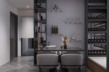 Gösterişli ışıklandırma ve basit dekorla minimalist yemek odası.