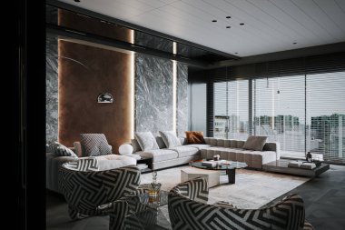 Modern modern oturma odası siyah beyaz mobilyalarla.