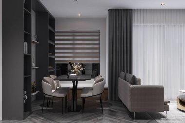 Şık İskandinav evi. Nane şekeri kanepesi, sandalyeli yemek masası..