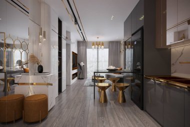 Modern mutfağı olan şık bir daire, mobilyalar için kullanılan siyah ve altın aksanlı..