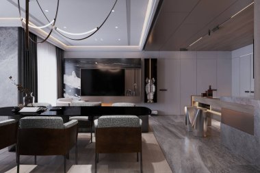 Tasarımcı sandalyeleri ve yemek masası olan minimal iç dizayn alanı kopyala.