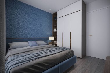 Mavi duvar dokusu ve beyaz dolaba karşı güzel bir mavi yatak odası yaratmak..