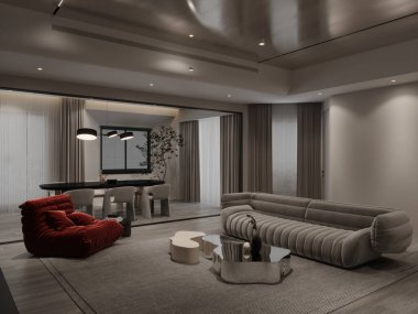 Stüdyo odasının önü. Kanepe, koltuk ve gösterişli tasarım oturma odasında..