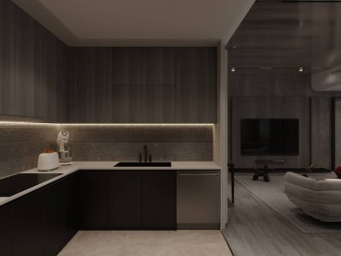 Tezgahlı gri ve ahşap mutfak köşesi