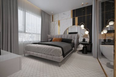 Büyük bir şık yatak ve beyaz bir arka plan ile modern konforlu yatak odası.