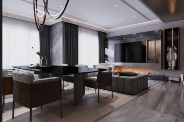 Estetik yemek odası iç tasarımı siyah ve parlak bir konsept ile yaratıldı..