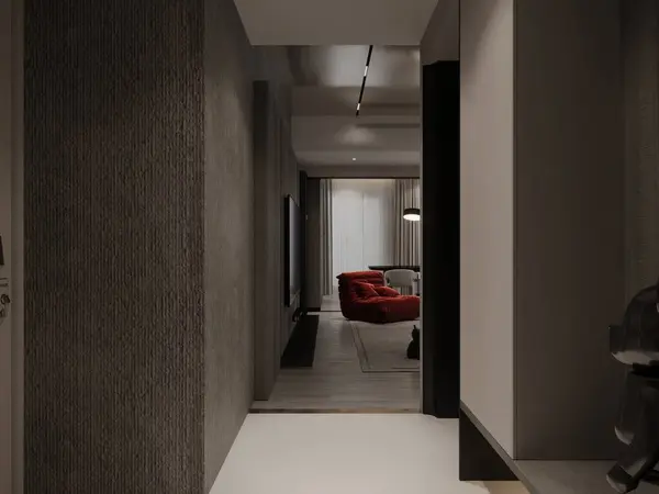 Sala Estar Corredor Apartamento Contemporâneo Com Paredes Cinza — Fotografia de Stock