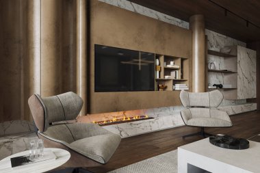 Zarif bir oturma odası manzarası ve iyi döşenmiş akıllı bir seçim, 3 boyutlu.