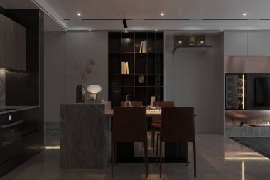 İçinde yemek alanı olan modern bir mutfak..