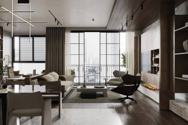 İçi büyük gri bir kanepe, kahve masası, büyük pencereler, kanepenin önünde şömine.