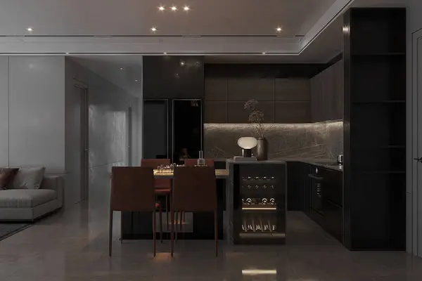 Dark and modern kitchen with black furniture, Huge space