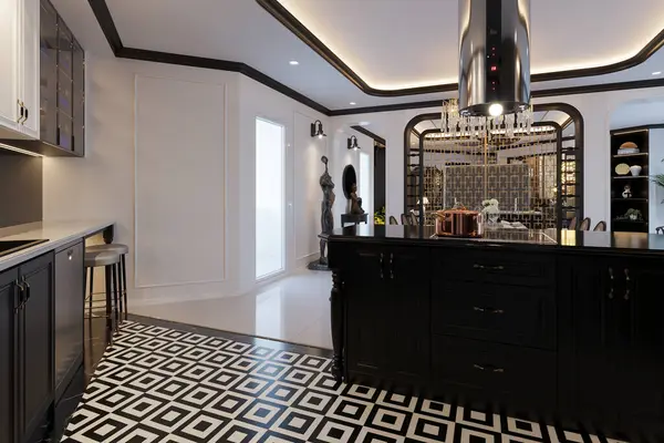 island and kitchen cabinet with black appliances