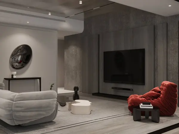 Modern industrial interior design living room with gray sofa, coffee table and red armchair.