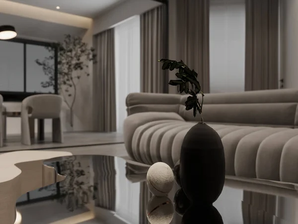 The room features clean lines, minimalist design, and a neutral color palette.