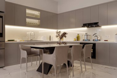 3D ev yapımı beyaz mutfak yemek odası.