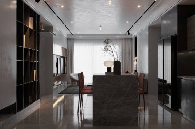 Siyah ve beyaz mutfak, yeme ve pişirme alanı, panoramik pencere