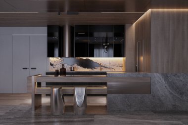 Mermer kaplama ve özel dolap şiirleri olan bir tasarımcı mutfağı.