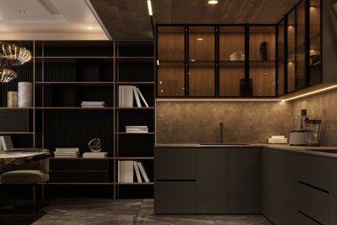 Yemek ve mutfağın yanında entegre ışıklandırmalı kitaplıklar var.