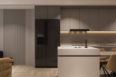 Zeminden tavana kadar koyu ahşap olan modern bej mutfağın köşesi.