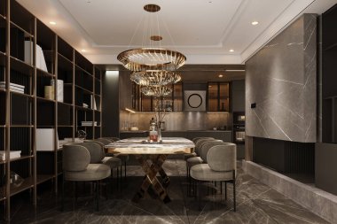 Akşam yemeğinin yanında entegre ışıklandırmalı kitaplıklar var.