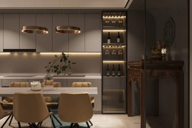 Yemek odasının yanında küçük bir mutfak ve modern tasarım.