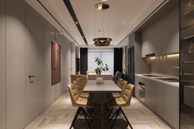 Modern tarzda yaşayan ve yemek yiyen iç tasarım, 3 boyutlu tasarım, 3 boyutlu illüstrasyon