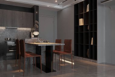 Modern mutfak oturma odası tasarımı. 3 boyutlu görüntüleme. İç görselleştirme. Görüntü.